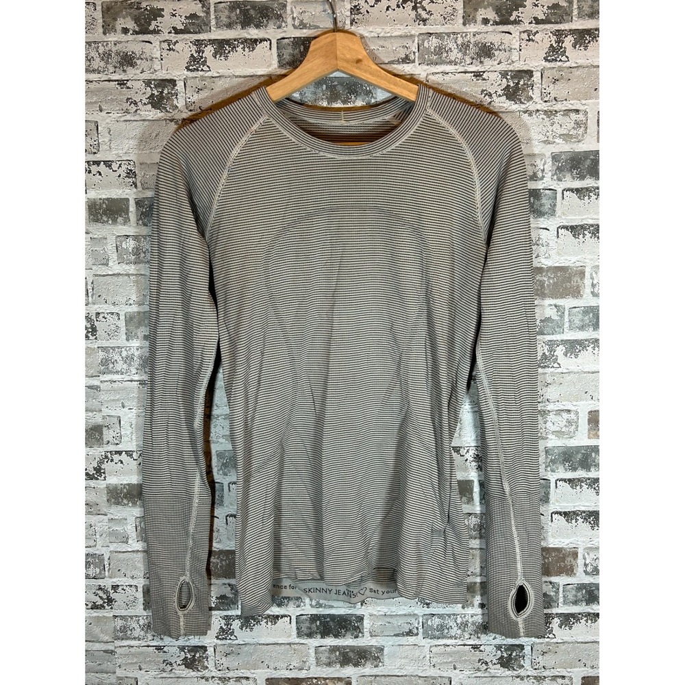 Lululemon Swiftly Tech Long‎ Sleeve Top Women 4 Grey Striped Crewneck Thumbholes